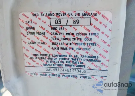 1989 Land Rover Range Rover from USA, damaged, VIN SALHV1244KA379455